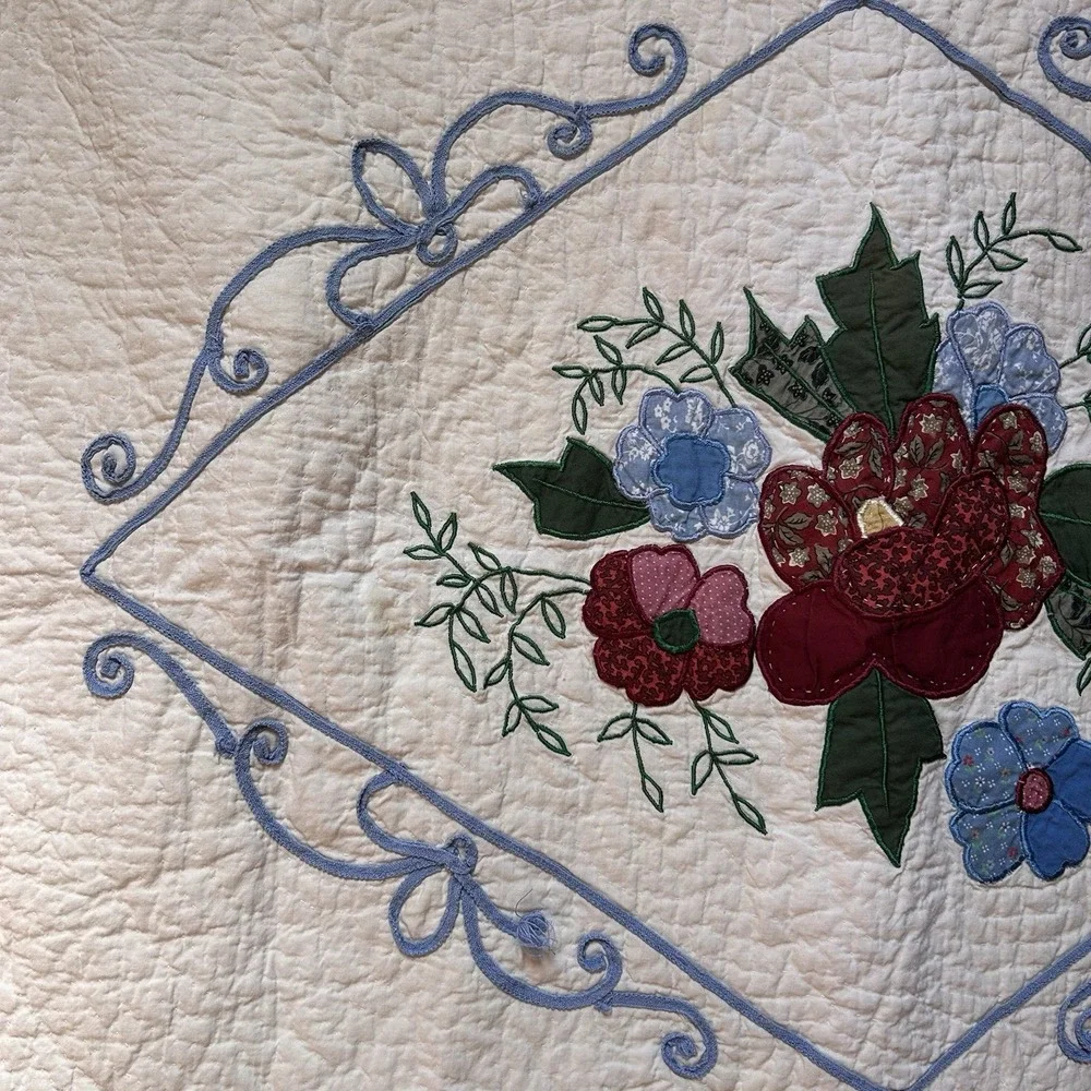 VTG Embroidered Quilted Floral Pillow Sham Case Oversized Patchwork Cottagecore